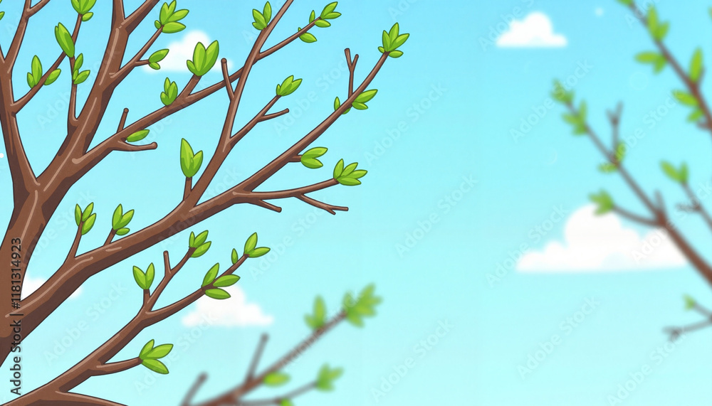 Cartoon branches with green leaves against a blue sky Cartoon branches with green leaves against a blue sky