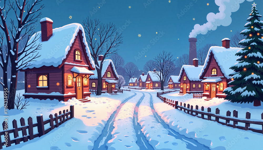 Fototapeta premium Winter village scene with glowing houses and snow-covered trees