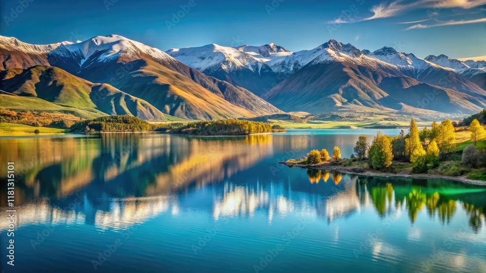 Fototapeta premium Wanaka Lake's breathtaking scenery: majestic mountains mirroring in crystal-clear waters.