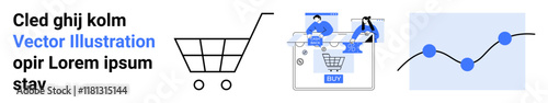 Text, shopping cart icon, people interacting with e-commerce website, and line graph with blue data points. Ideal for e-commerce, online retail, web design, digital marketing, consumer behavior data