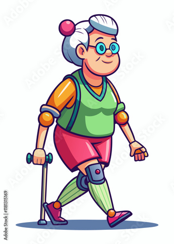 Elderly woman with prosthetic leg walking in park. Active senior with artificial limb enjoying outdoor stroll, isolated character, vector illustration.