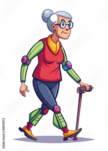 Elderly woman with prosthetic leg walking in park. Active senior with artificial limb enjoying outdoor stroll, isolated character, vector illustration.