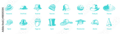 Some types of hats each accompanied by its common name. In vector version