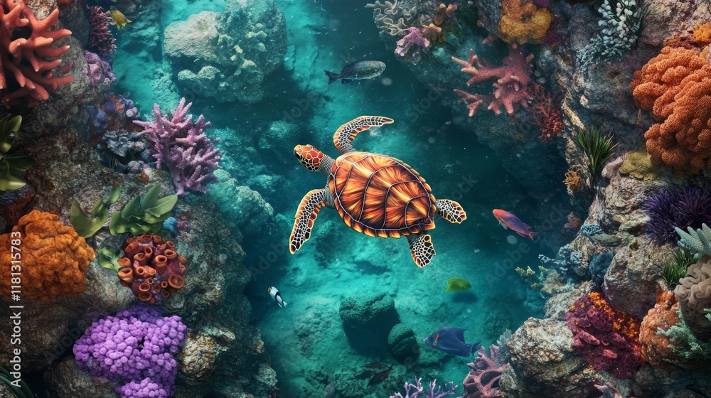 Naklejka premium Top-view of an underwater world featuring a sea turtle amidst coral and fish in the Red Sea, perfect for nature-themed 3D designs.