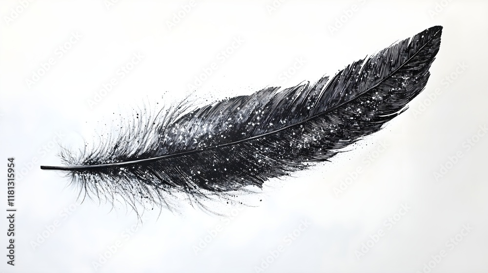 Fototapeta premium A single black feather drawn on a white canvas with intricate line details.
