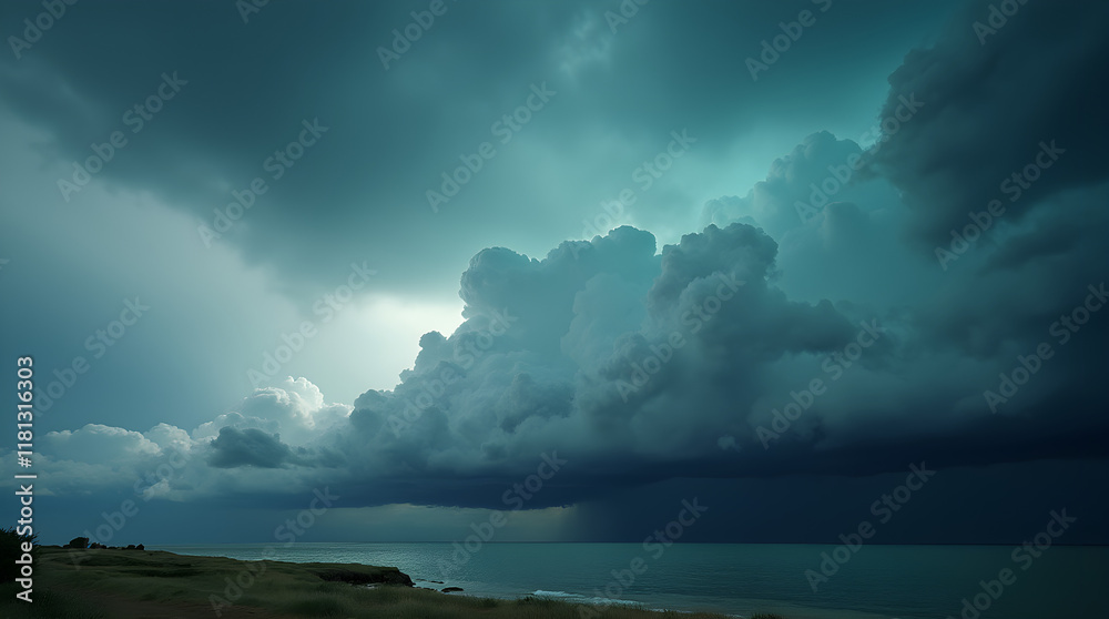 Obraz premium Bright sunlight breaks through dark clouds, a powerful contrast in the sky.