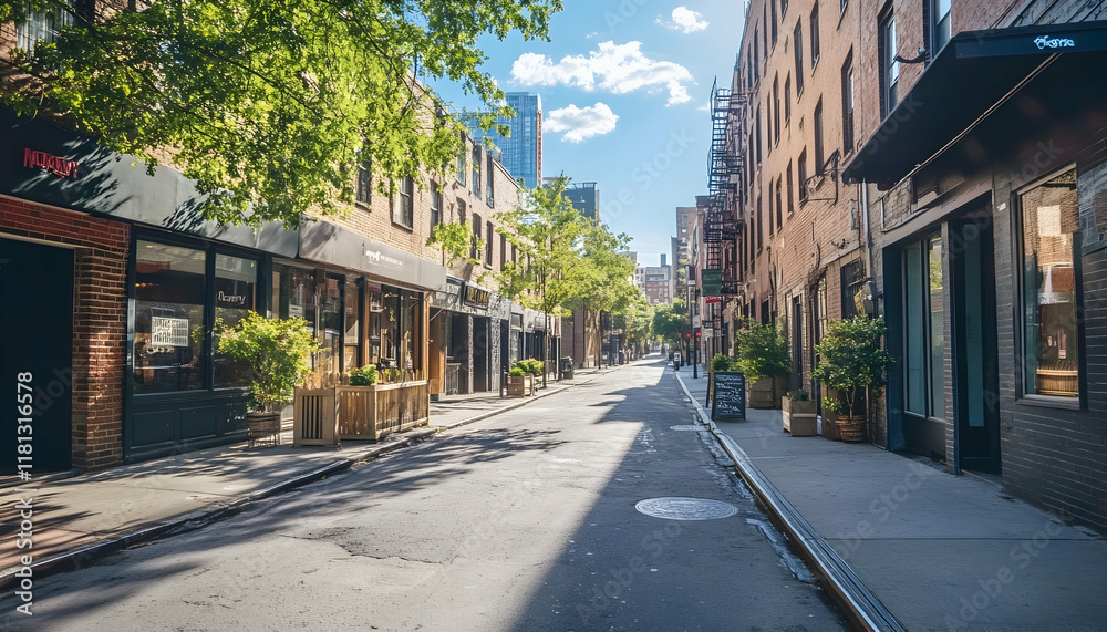 Obraz premium Empty Street in Midtown with No People Under Sunny Day Sky -