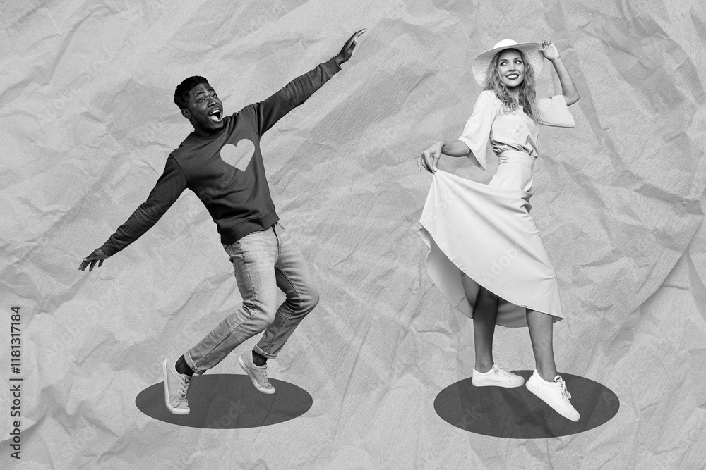 Obraz premium Creative collage template graphics image of funny funky guy lady having fun enjoying 14 february isolated drawing background
