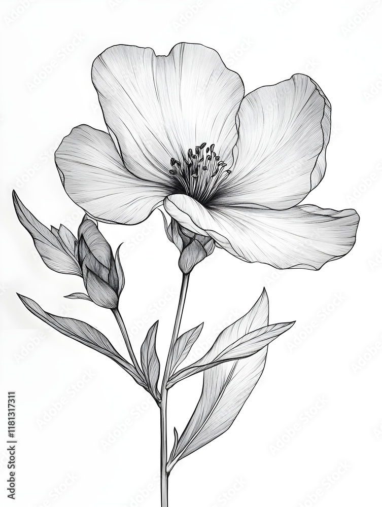 Obraz premium A single line sketch of a flower in bloom with delicate petals on white. -