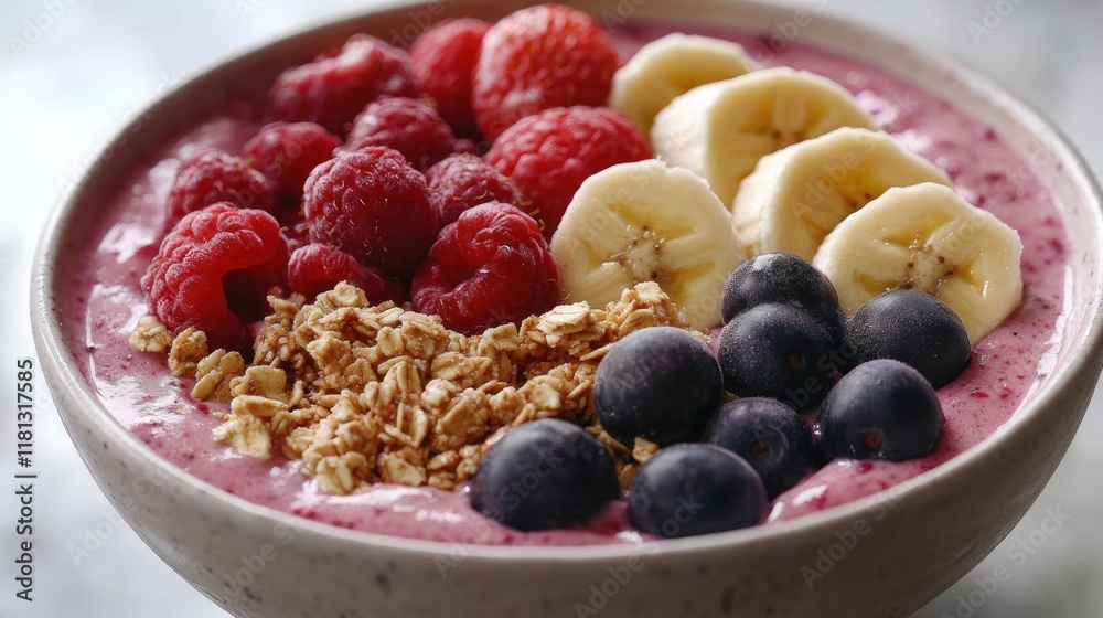 Smoothie bowl topped with assorted berries, bananas, and granola for a vibrant, health-focused breakfast, captured in natural light