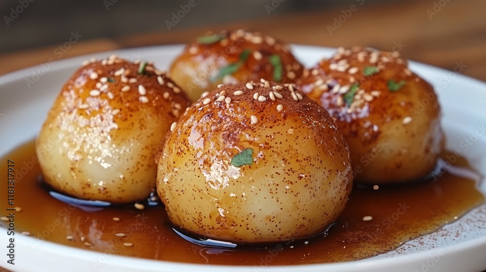 Soft honey-drenched loukoumades topped with a sprinkle of cinnamon and sesame seeds, served warm on a white plate Soft honey-drenched loukoumades topped with a sprinkle of cinnamon and sesame seeds, served warm on a white plate