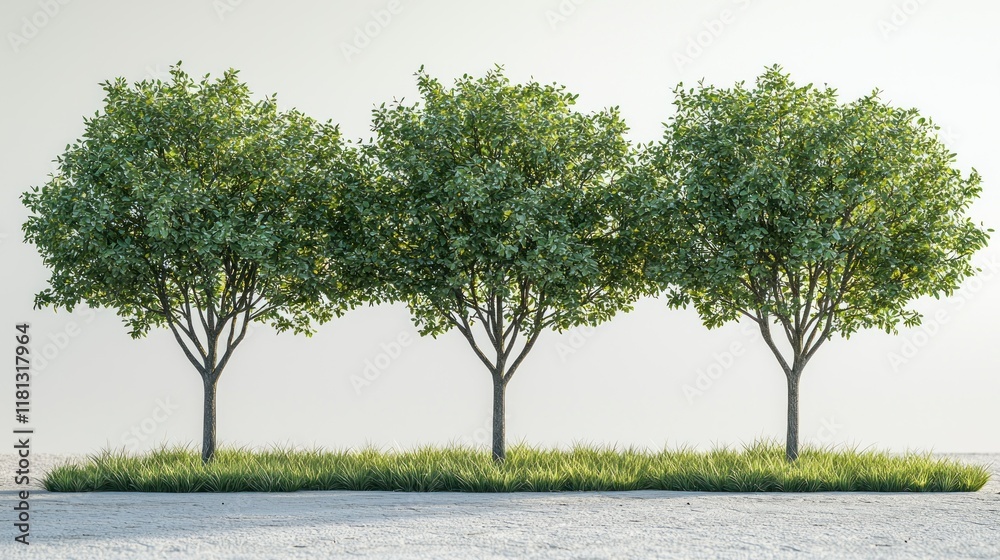 Fototapeta premium Three Lush Green Trees in a Row, Nature's Serenity