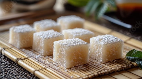 Soft warabi mochi cubes dusted with kinako powder, served on a bamboo mat with a drizzle of kuromitsu syrup on the side photo