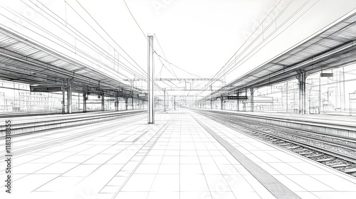 A sketched illustration of a train station with tracks and platform details. 