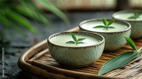 Steamed pandan-infused khanom thuay (Thai coconut milk custard) served in small ceramic cups on a bamboo tray with fresh pandan leaves photo