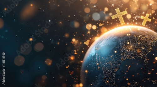 Earth surrounded by religious symbols like crosses, crescents, and lotuses