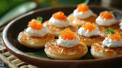 Sweet and chewy khanom buang (Thai crispy pancake) topped with sweet egg yolk threads and coconut cream, arranged on a bamboo mat photo