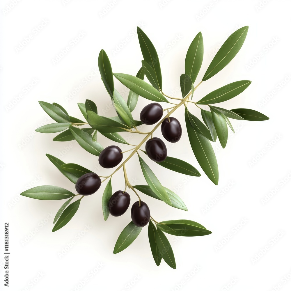 Fresh Olive Branch with Dark Olives and Green Leaves on White Background Fresh Olive Branch with Dark Olives and Green Leaves on White Background