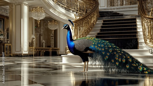 A peacock standing beside a grand staircase in an opulent ballroom. photo