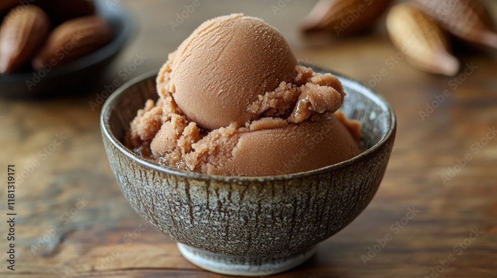 Tamarind sorbet with a unique sweet and tangy flavor, served in a small ceramic bowl with tamarind pods in the background Tamarind sorbet with a unique sweet and tangy flavor, served in a small ceramic bowl with tamarind pods in the background