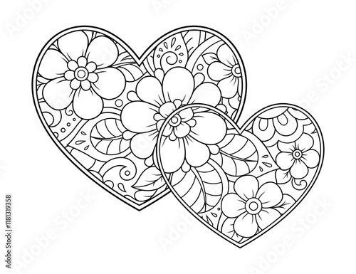 Mehndi flower pattern in form of heart for Henna drawing and tattoo. Decoration in ethnic oriental, Indian style. Valentine's day greetings. Coloring book page.