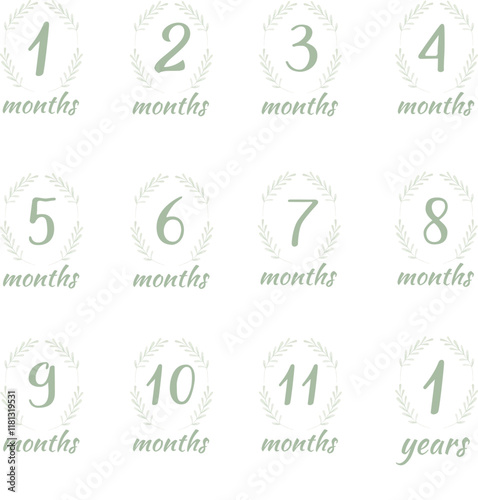 Set of vector monthly stickers for newborns.