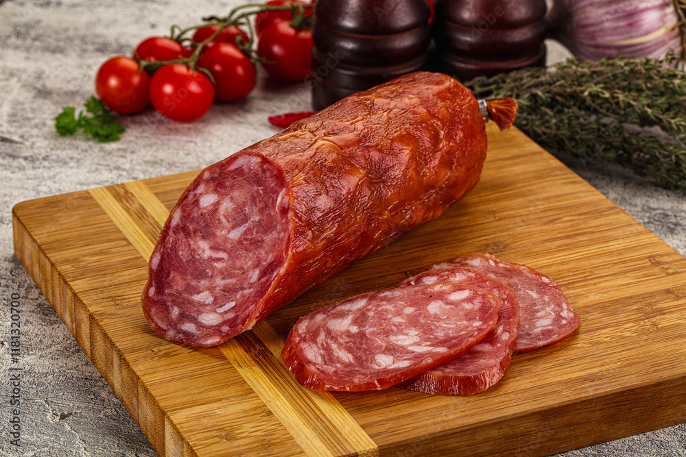 Italian pork Salchichon sausage with slices Italian pork Salchichon sausage with slices