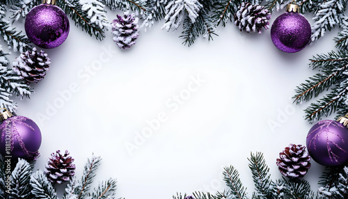 Festive header with a snowy frame of purple Christmas decorations and pine twigs  -