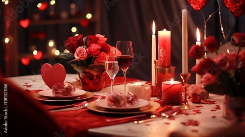 A romantic Valentinea??s Day dinner with a red-themed table setting and sparkling wine. photo