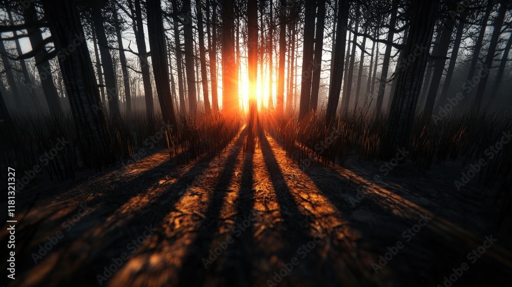 Fototapeta premium A blazing sun shining through tall grass, with shadows creating intricate patterns on the ground,