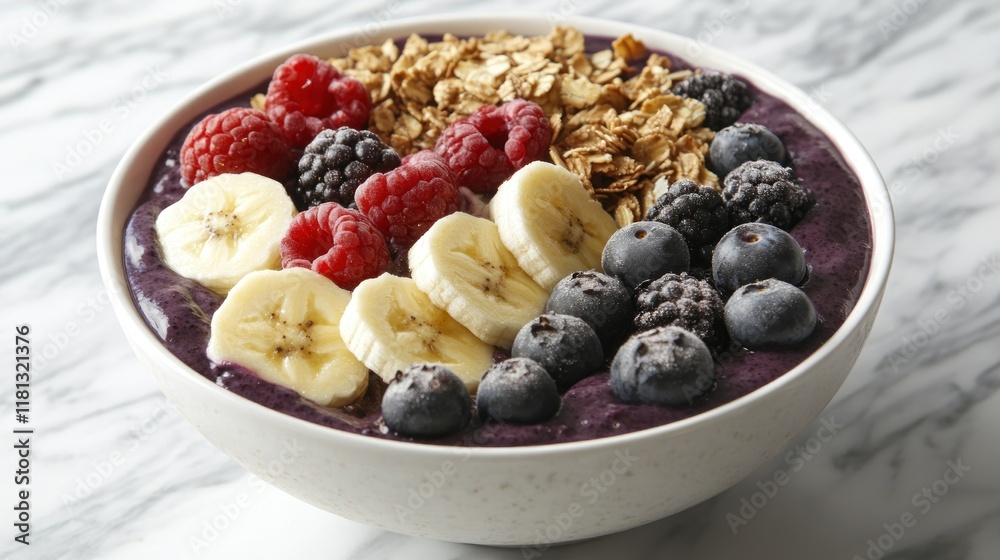 Vibrant acai smoothie bowl topped with banana slices, granola, and fresh berries, placed on a white marble surface Vibrant acai smoothie bowl topped with banana slices, granola, and fresh berries, placed on a white marble surface
