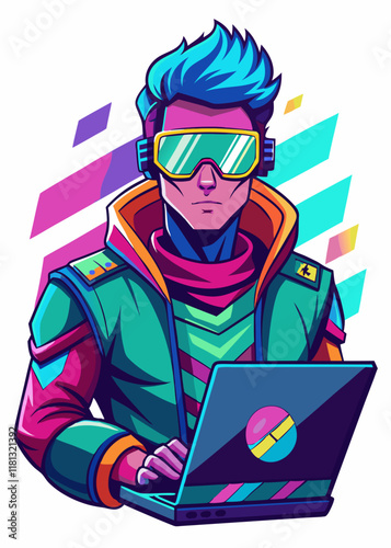 Cyberpunk hacker wearing neon goggles working on laptop. Futuristic tech expert in cyber world, coding, hacking, and exploring digital security in a neon-lit environment.