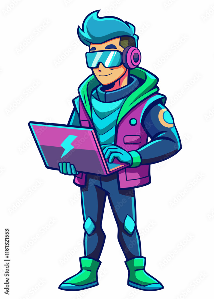 Hacker ciberpunk con gafas de neón trabajando en una computadora portátil. Experto en tecnología futurista en el mundo cibernético, codificando, pirateando y explorando la seguridad digital en un ento