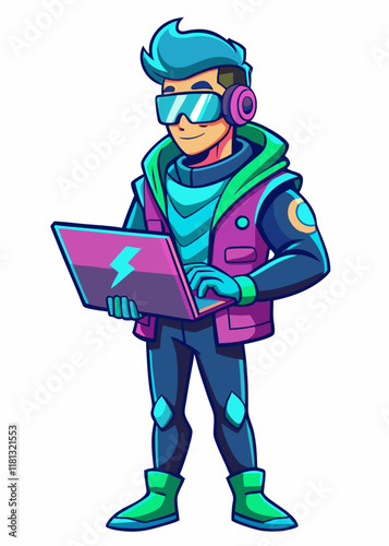 Hacker ciberpunk con gafas de neón trabajando en una computadora portátil. Experto en tecnología futurista en el mundo cibernético, codificando, pirateando y explorando la seguridad digital en un ento