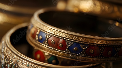 Close-up ornate jeweled bangles, market stall, Morocco, detail shot, jewelry shop