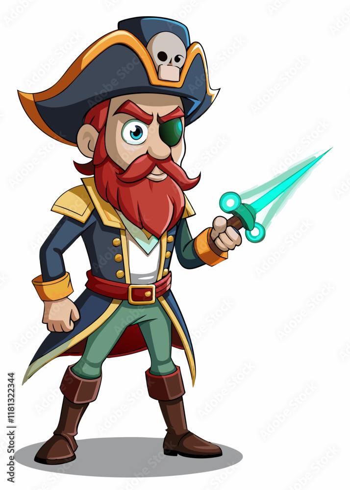 One-eyed pirate captain holding laser sword, isolated character. One-eyed pirate captain holding laser sword, isolated character.