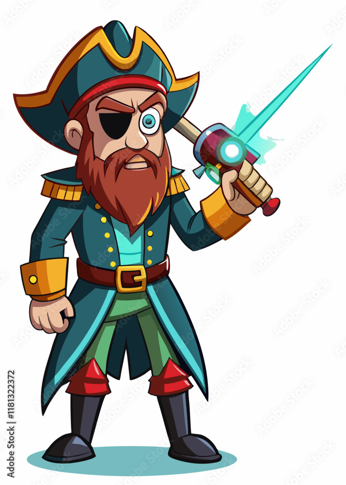 One-eyed pirate captain holding laser sword, isolated character. One-eyed pirate captain holding laser sword, isolated character.