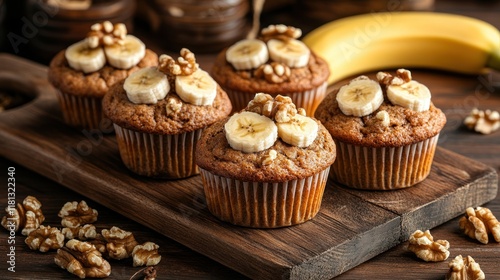 Whole wheat banana muffins with walnuts and a touch of cinnamon, displayed on a rustic wooden board with fresh banana slices photo