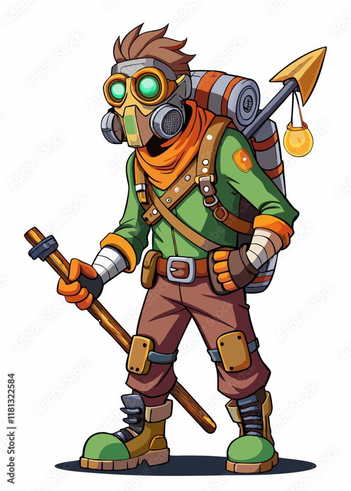 Obraz premium Survivor in gas mask armed with crude weapon, post-apocalyptic scavenger exploring desolate ruins, lone wanderer in dystopian future, vector illustration. 