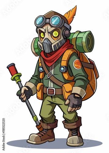 Survivor in gas mask armed with crude weapon, post-apocalyptic scavenger exploring desolate ruins, lone wanderer in dystopian future, vector illustration.
