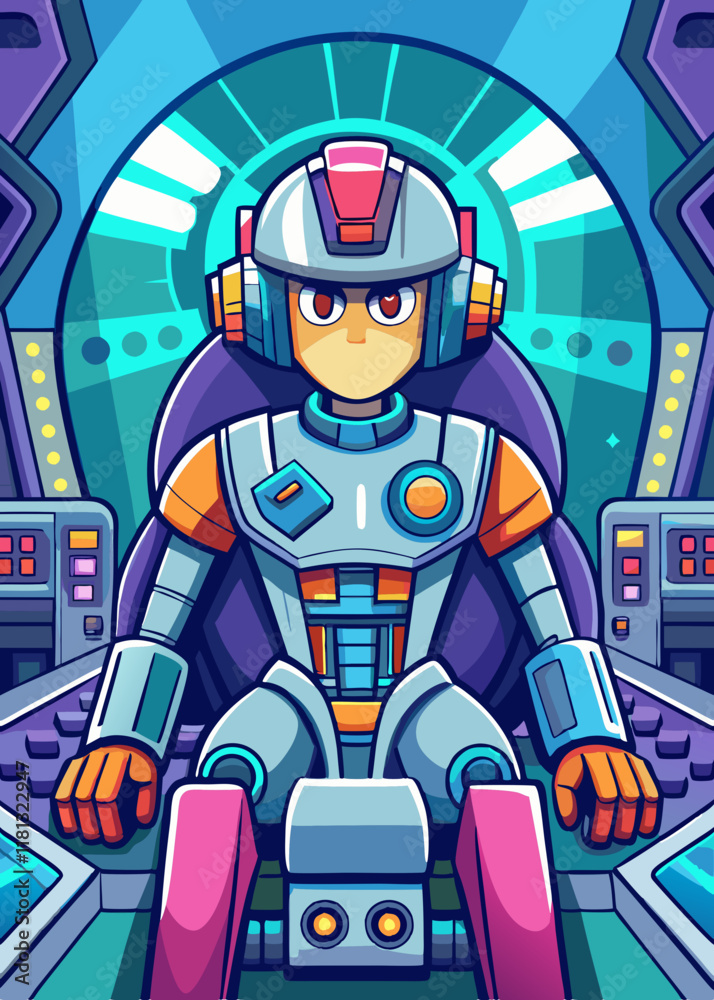 Obraz premium Futuristic mech pilot controlling a towering robot inside an advanced high-tech cockpit. Cybernetic warrior operating a giant mechanical exosuit in a sci-fi control room.