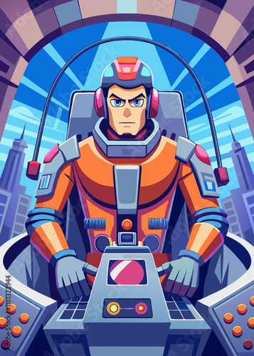 Futuristic mech pilot controlling a towering robot inside an advanced high-tech cockpit. Cybernetic warrior operating a giant mechanical exosuit in a sci-fi control room.