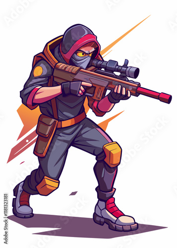 Cybernetic assassin aiming with sniper rifle, targeting enemy in futuristic battleground. Isolated character, advanced robotics.