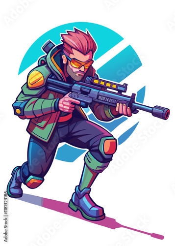 Cybernetic assassin aiming with sniper rifle, targeting enemy in futuristic battleground. Isolated character, advanced robotics.