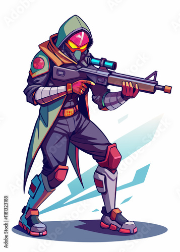 Cybernetic assassin aiming with sniper rifle, targeting enemy in futuristic battleground. Isolated character, advanced robotics.