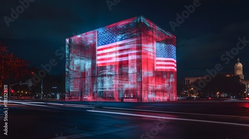 City night, American flag projection, monument, traffic, urban art