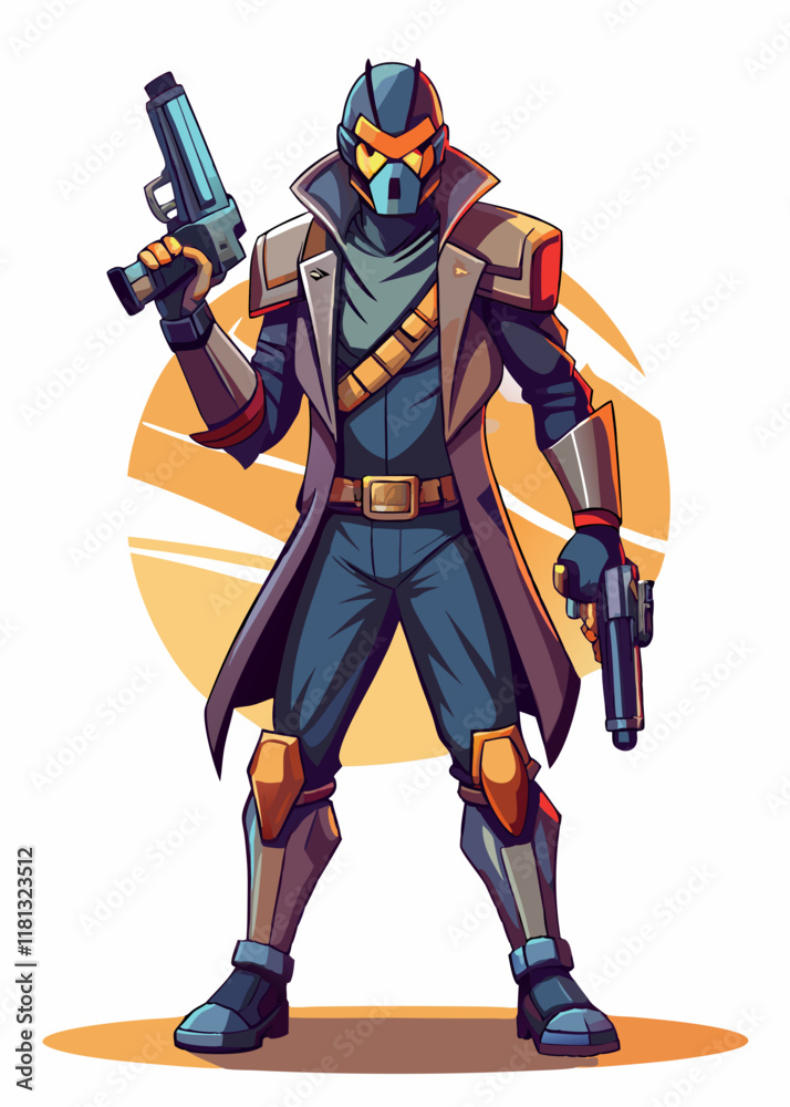 Futuristic hunter with pistols, wearing a high-tech armored suit. Isolated character vector illustration of a sci-fi warrior. Futuristic hunter with pistols, wearing a high-tech armored suit. Isolated character vector illustration of a sci-fi warrior.