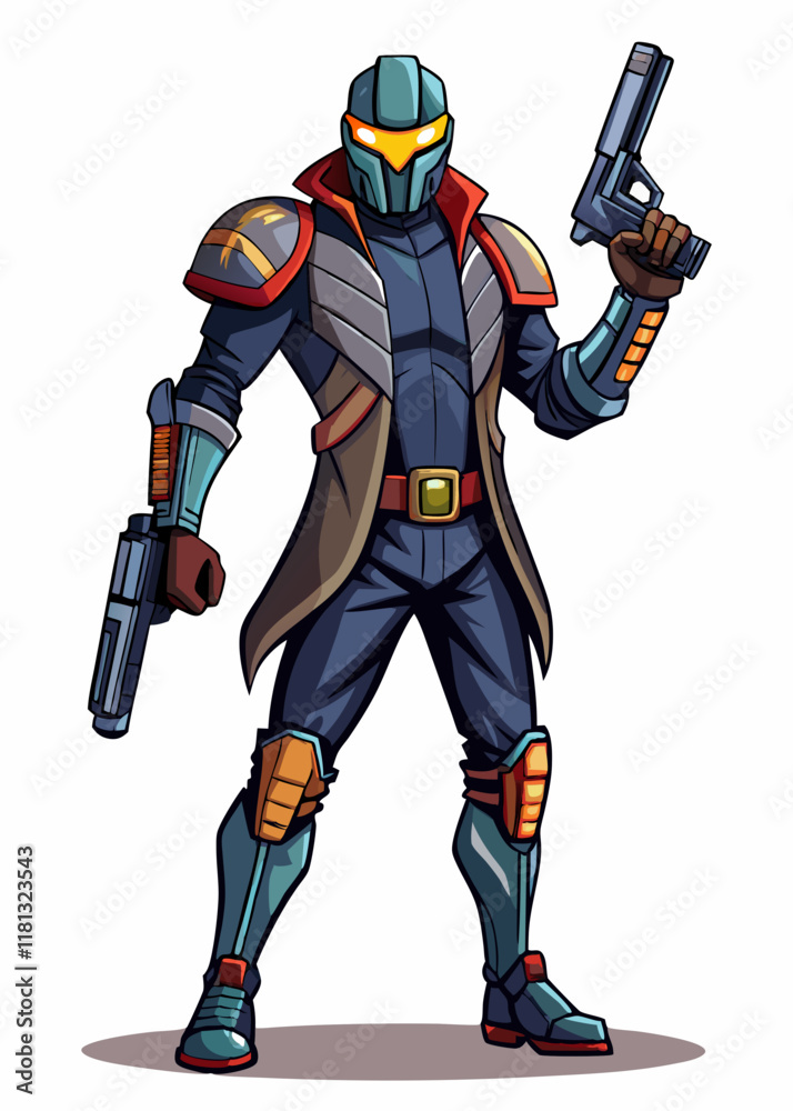Futuristic hunter with pistols, wearing a high-tech armored suit. Isolated character vector illustration of a sci-fi warrior. Futuristic hunter with pistols, wearing a high-tech armored suit. Isolated character vector illustration of a sci-fi warrior.