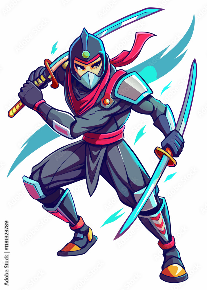 Futuristic cyborg ninja with energy swords engaging in high-speed battle. Advanced cybernetic warrior executing precise slashes in an action-packed sci-fi fight scene. Futuristic cyborg ninja with energy swords engaging in high-speed battle. Advanced cybernetic warrior executing precise slashes in an action-packed sci-fi fight scene.