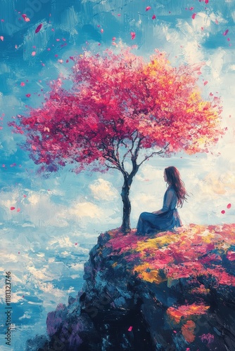 Art, illustration and animation of girl with tree in nature for graphic wallpaper, abstract and painting. Asian woman, anime and zen with thinking in spring for peace, creative design, Generative AI